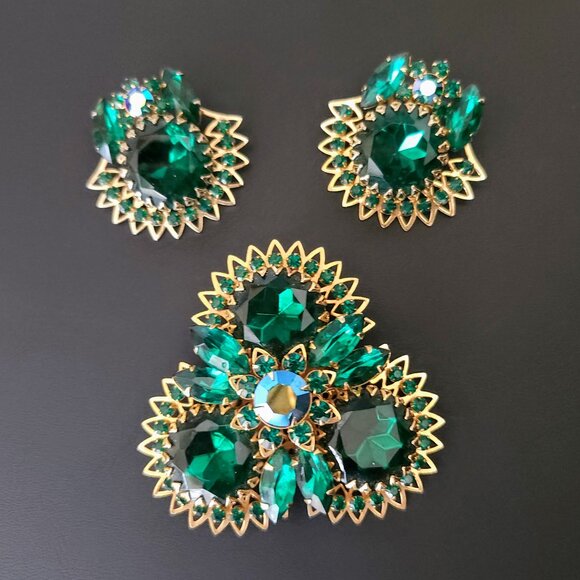 Vintage Judy Lee Jewels Emerald Green Rhinestone Brooch & Earring Set - Picture 5 of 11